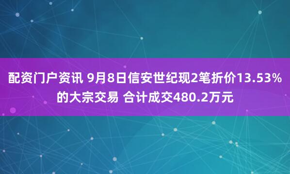 配资门户资讯 9月8日信安世纪现2笔折价13.53%的大宗交易 合计成交480.2万元